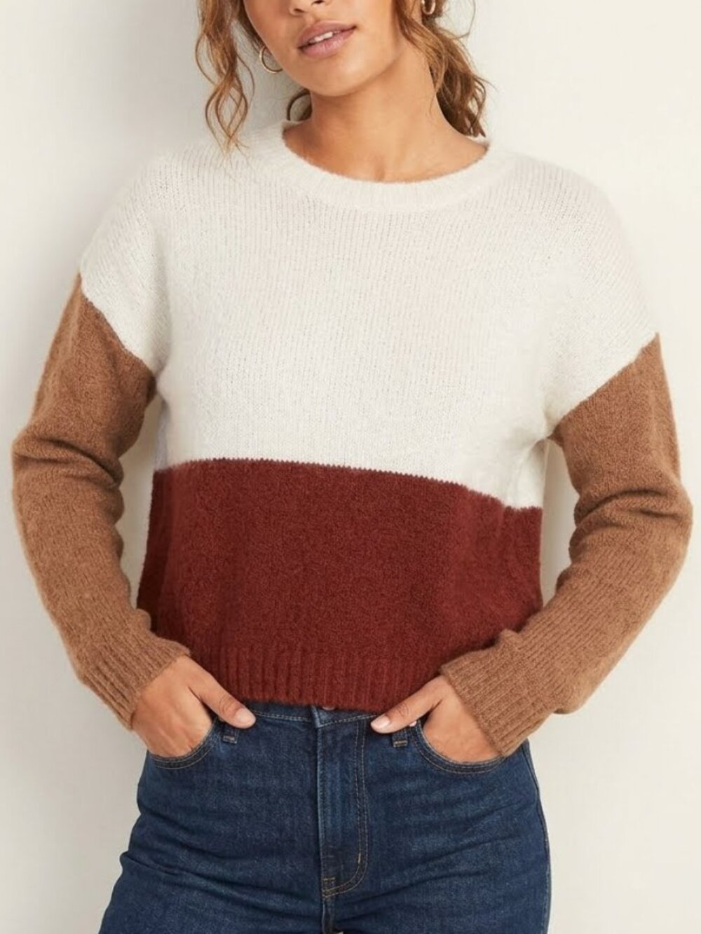 Kismet Colorblock Crewneck Knit Sweater Cream Rust Brown Size M